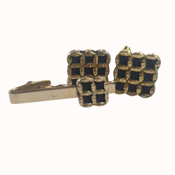 Vintage Black Gold Tone Square Grid Cufflinks and Tip Clip Set - Picture 3 of 6